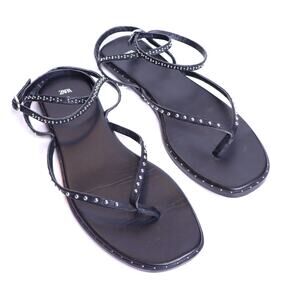 ZARA Studded Flat Wrap Sandals Silver Black Leather Women's 41/US 10